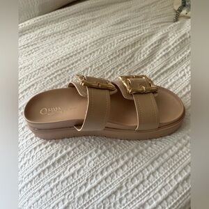 Ladies platform, gold buckle sandals.